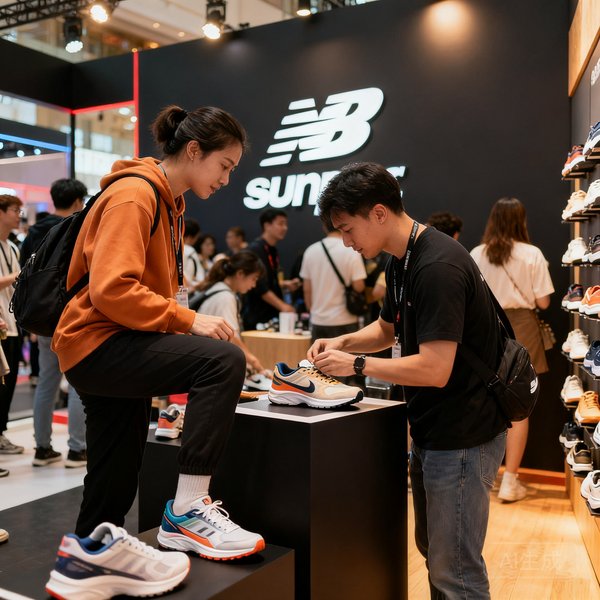 华体会体育网与知名运动品牌联合举办的线下体验活动，消费者在展区试穿新款运动鞋，背景是品牌logo墙